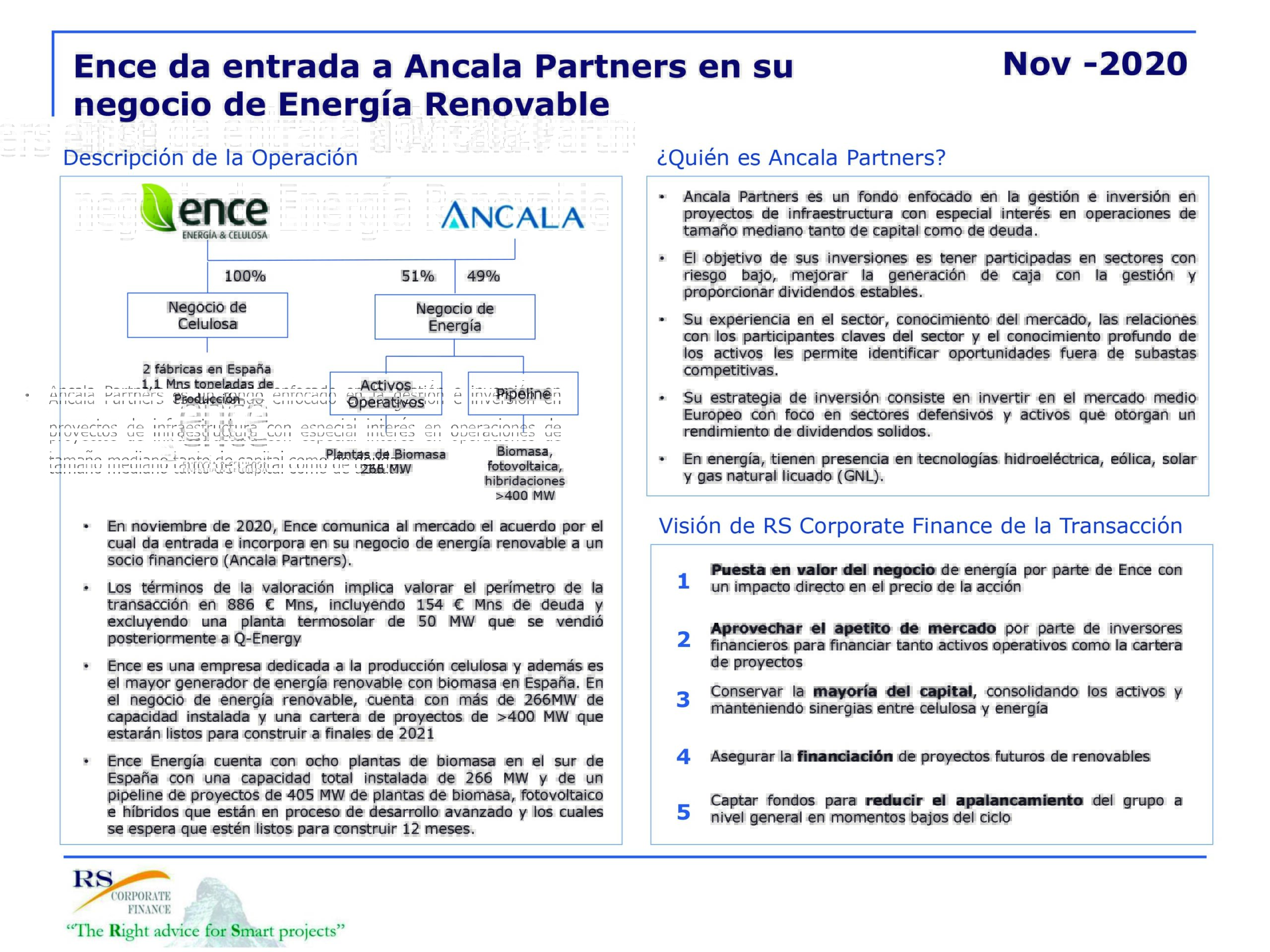 RS Corporate Finance realiza el case study de la operación de la incorporaciín de Ancal Partners en el capital de Ence Energia
